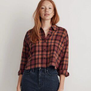 Madewell Cropped Long Sleeve Plaid Shirt in Brown & Pink women’s medium Flannel